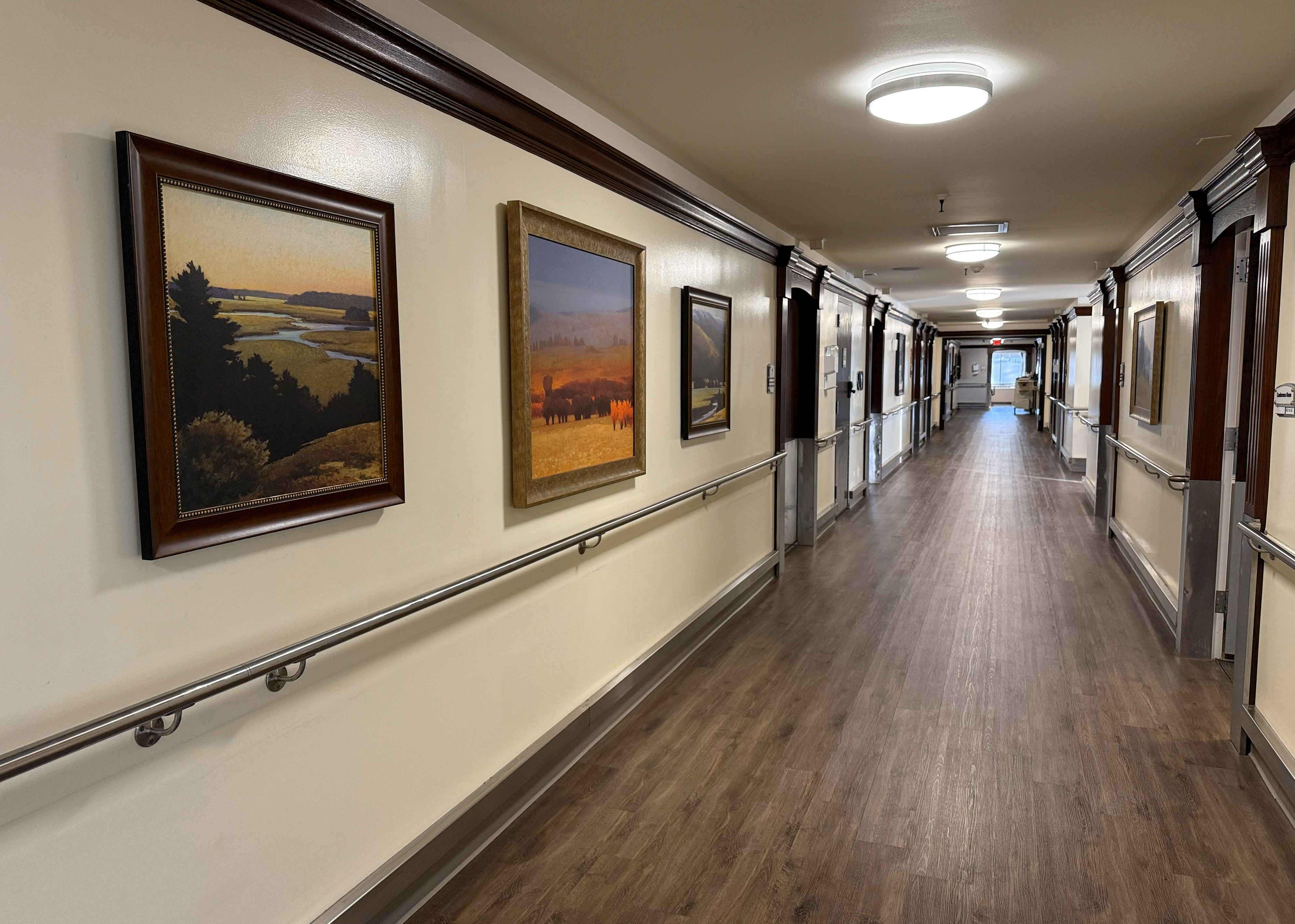 Art-lined hallway at Mt. Olympus